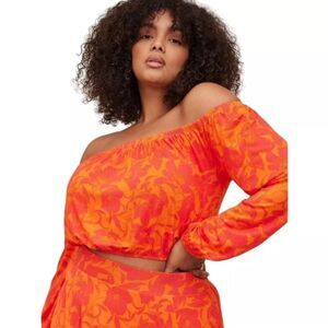 Torrid Women's Floral Orange Super Soft Off Shoulder Long Sleeve Crop Top 2X‎